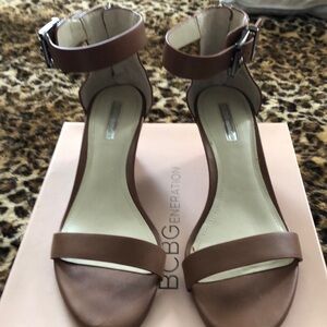 BCBGeneration Tan Ankle-Strap Heels – Size 8, Minimalist Block Heel